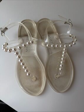 Stuart Weitzman Clear Jelly T-Strap Sandals with Pearl Accents - White/Clear